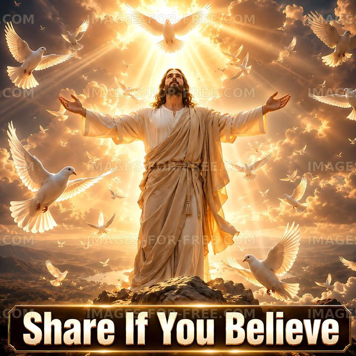 Jesus with doves in a heavenly scene surrounded by light
