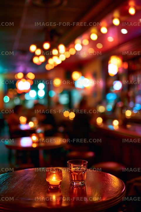 Cozy bar setting with candles and drinks on wooden tables