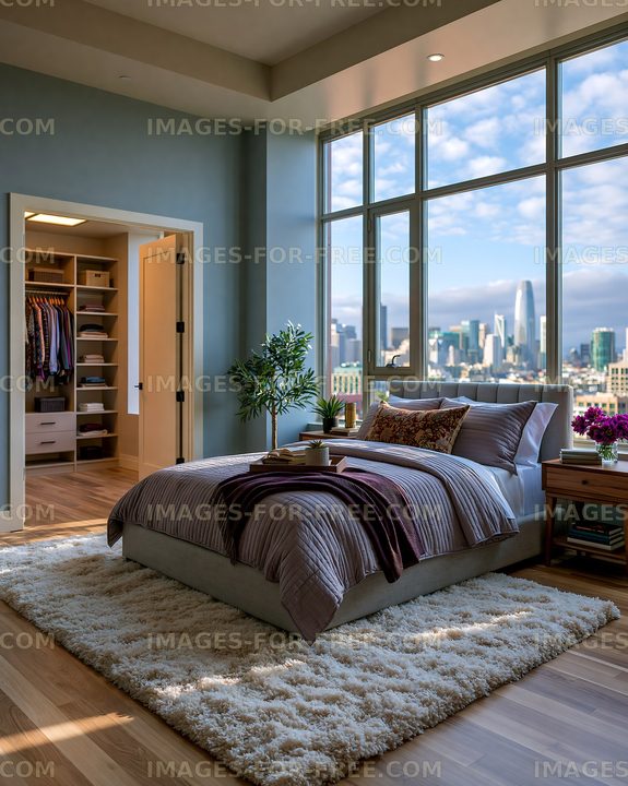 Modern bedroom with city view and large windows