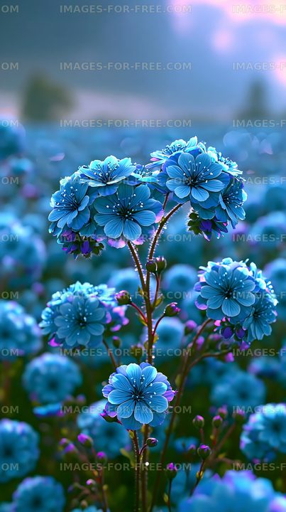 Blue flowers blooming in a vast field under soft light
