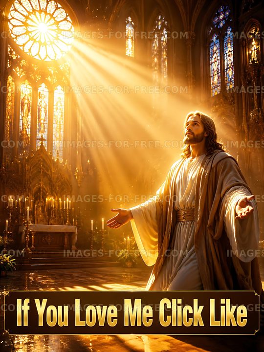 Light shines on a figure with outstretched arms in a church