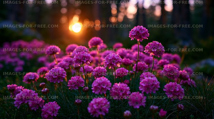 Flowers bloom under evening sunlight in a forest