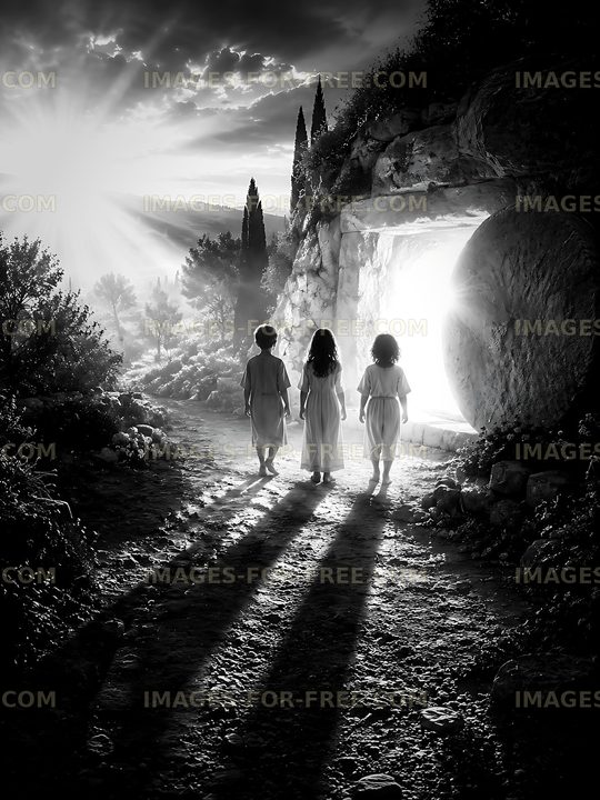 Children walking towards a bright entrance in a rocky landscape