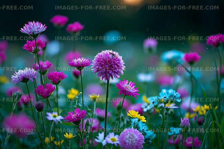 Colorful flowers blooming in a garden at sunset