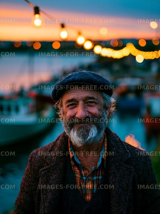 Smiling elderly man at sunset by the water with string lights