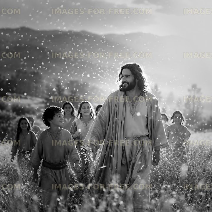 Children walking with a man in a field during daylight