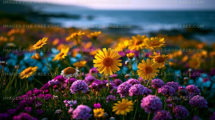 Vibrant wildflowers bloom by the ocean during golden hour