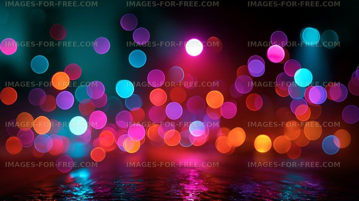 Colorful bokeh lights shine in a night setting
