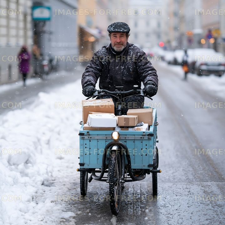 Delivery man rides cargo bicycle through snow-covered city street