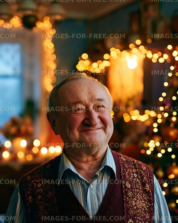 Smiling elder man in a warmly decorated room