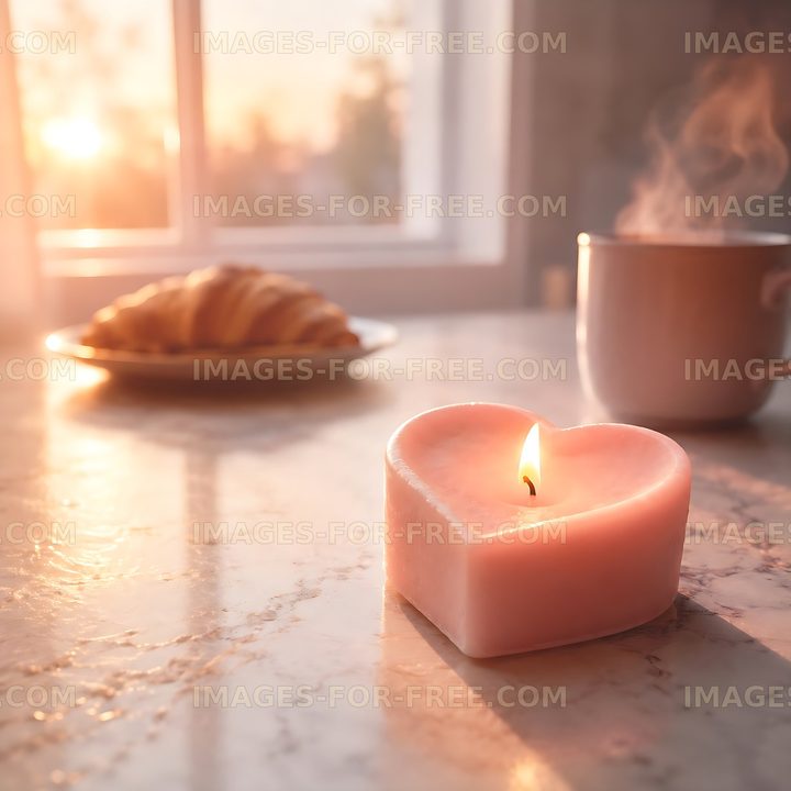 Heart-shaped candle near breakfast items with sunlight