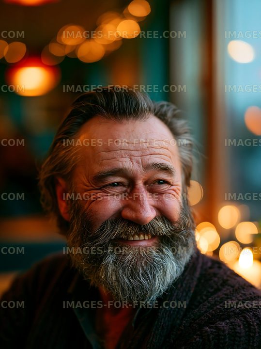 Smiling bearded man sitting indoors at cafe