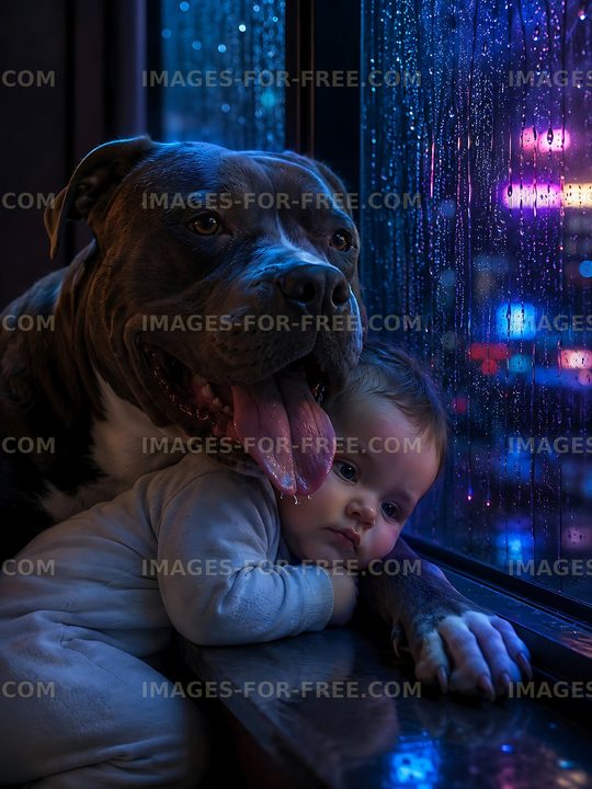 Child and dog enjoy rainy day by the window