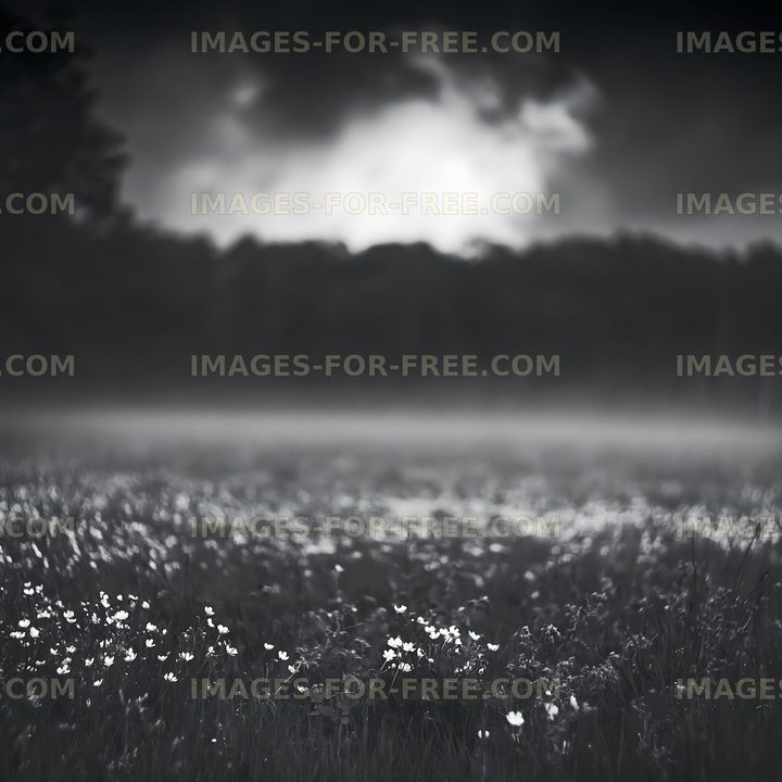 Dark field with flowers under cloudy sky