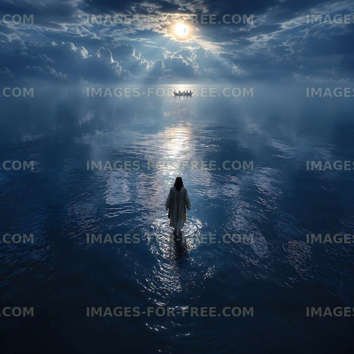 Person standing in water under cloudy sky with a boat in distance
