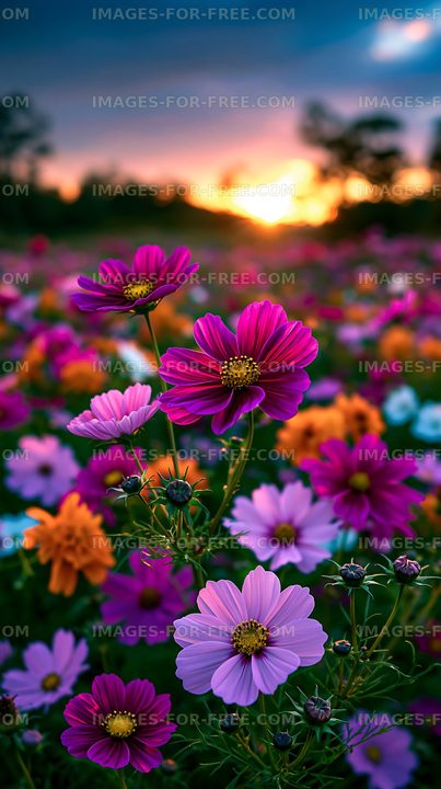 Colorful flowers blooming at sunset in a garden