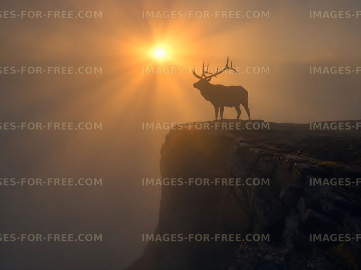 Stag standing on a cliff against a bright sunset