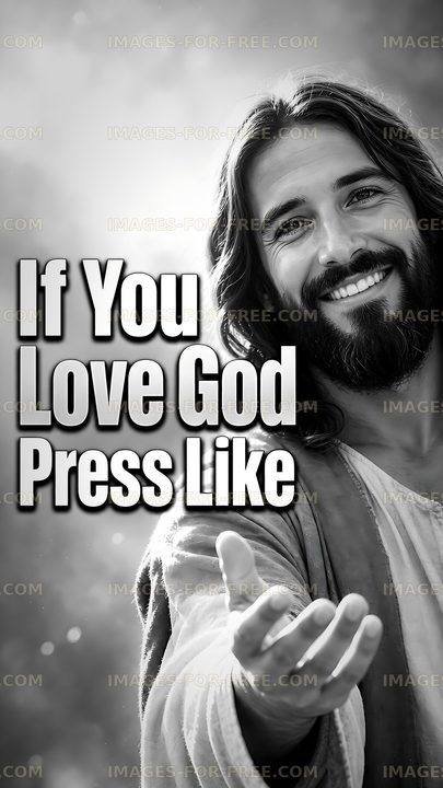 Smiling man extending hand with text about love for God