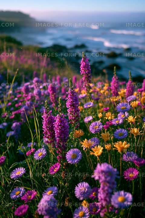 Vibrant wildflowers by the ocean at sunset