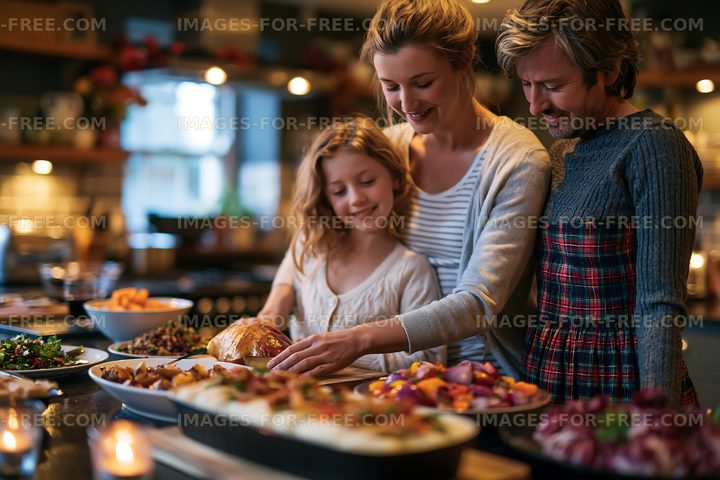 Family gathering around a dinner table with various dishes