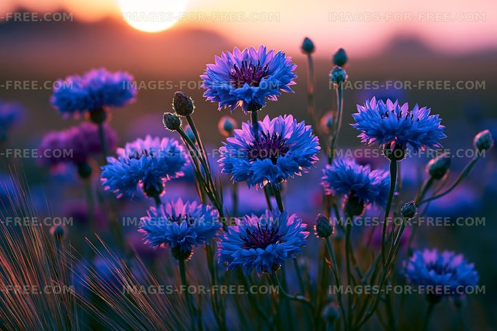 Bright blue flowers against a sunset background