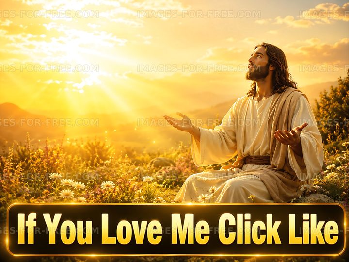 Jesus with open arms in a sunlit landscape