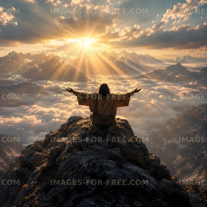 Man with arms outstretched on mountain peak during sunset