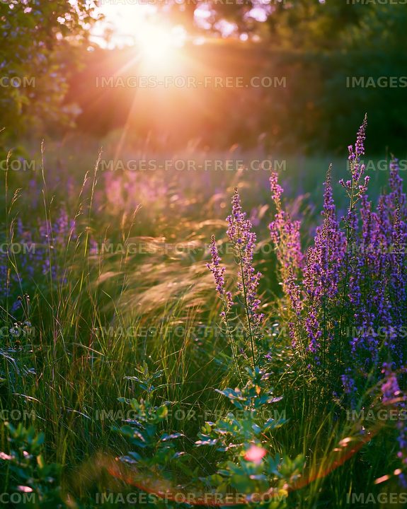 Sunset over a field with purple flowers and tall grass