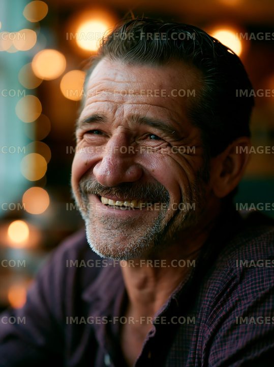 Smiling man in a cafe with warm lights in the background