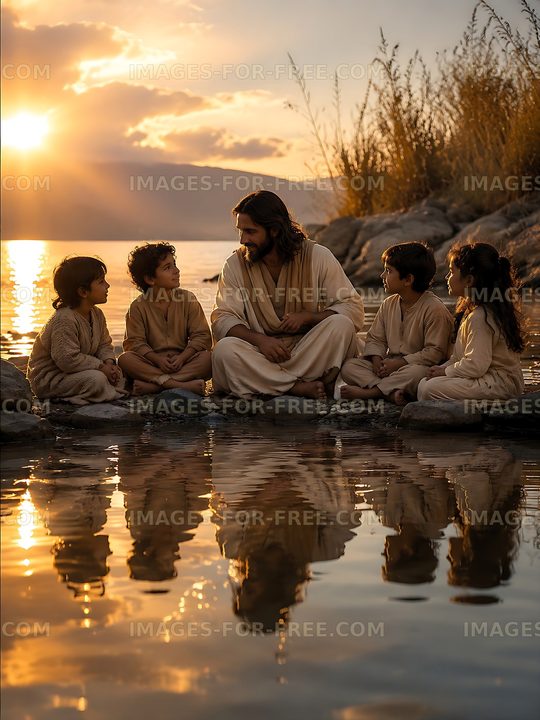 Children talking with man by the water at sunset
