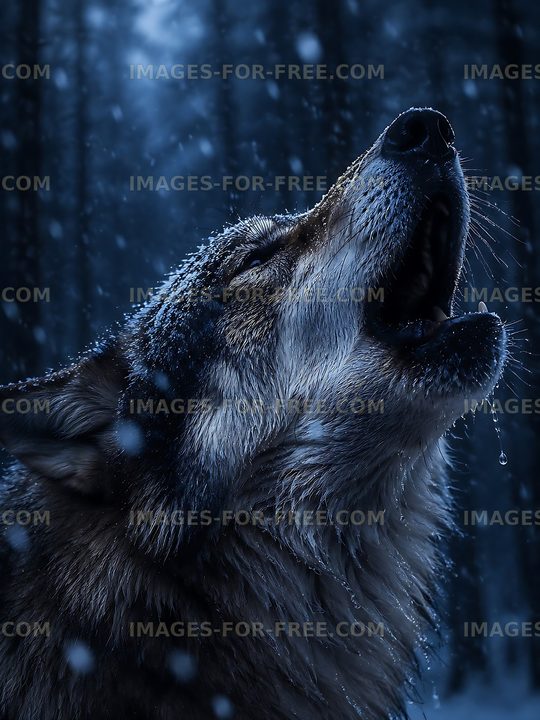 Wolf howls in the snowy forest under a night sky
