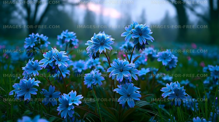 Blue flowers in a lush green field during early morning light