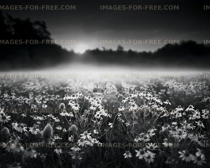 Flower field at dawn with mist and shadows
