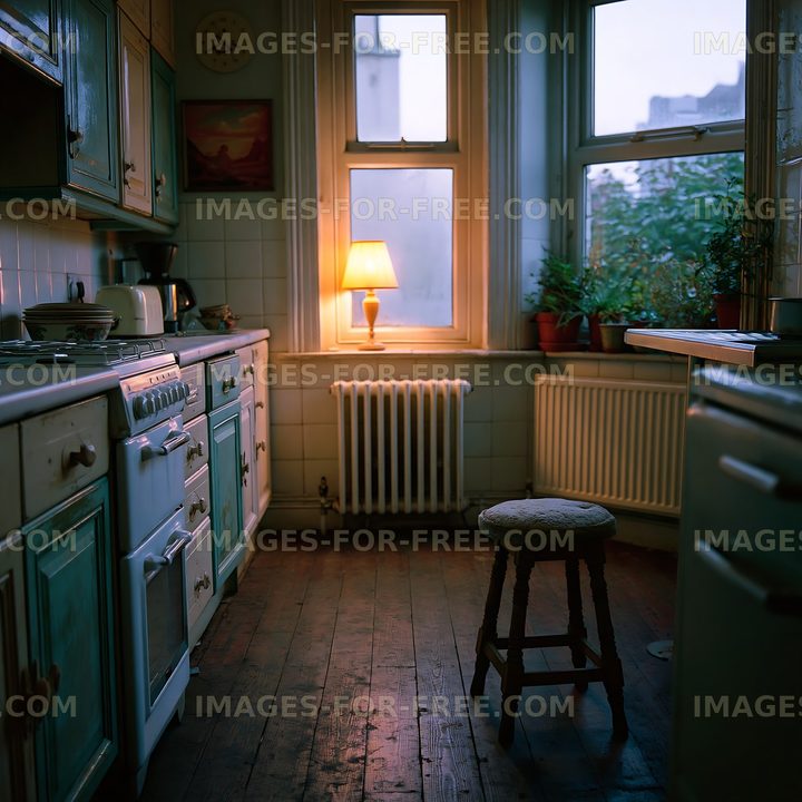 Cozy kitchen with vintage decor and warm light