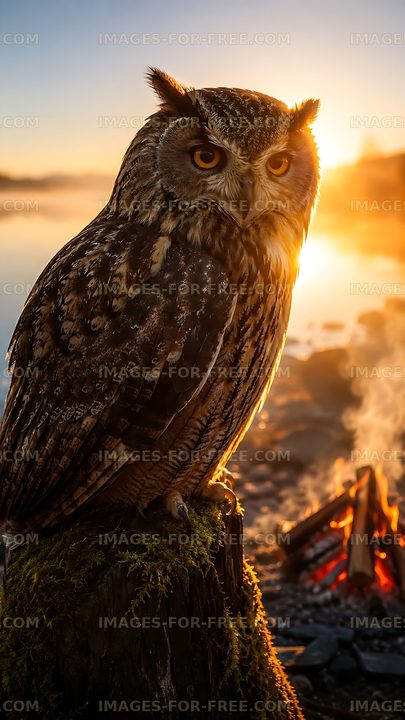 Owl perched by a campfire at sunset by the water