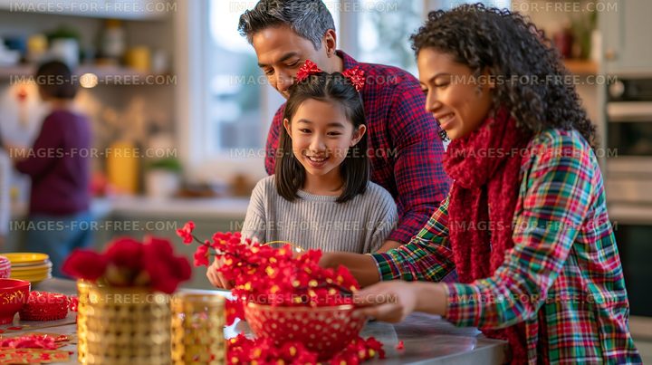 Family preparing decorations for celebration at home