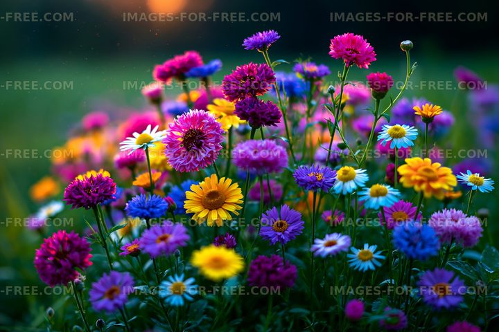 Colorful flowers blooming in a sunny meadow at sunset