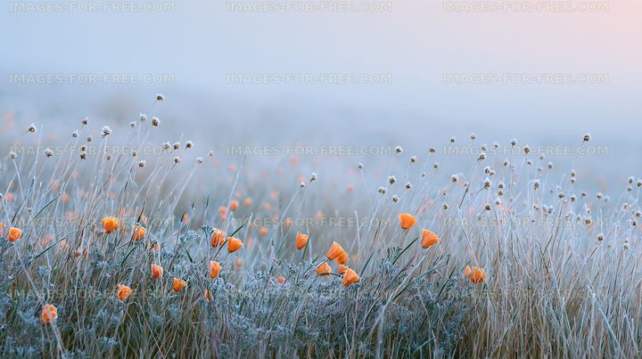 Frost-covered flowers in a misty landscape at dawn