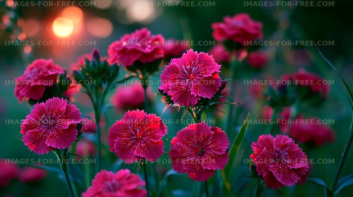 Flowers bloom during sunset in a garden