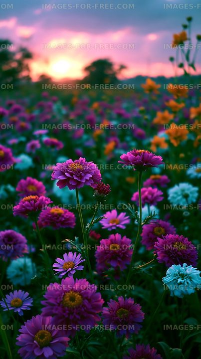 Vibrant flower field during sunset in a garden