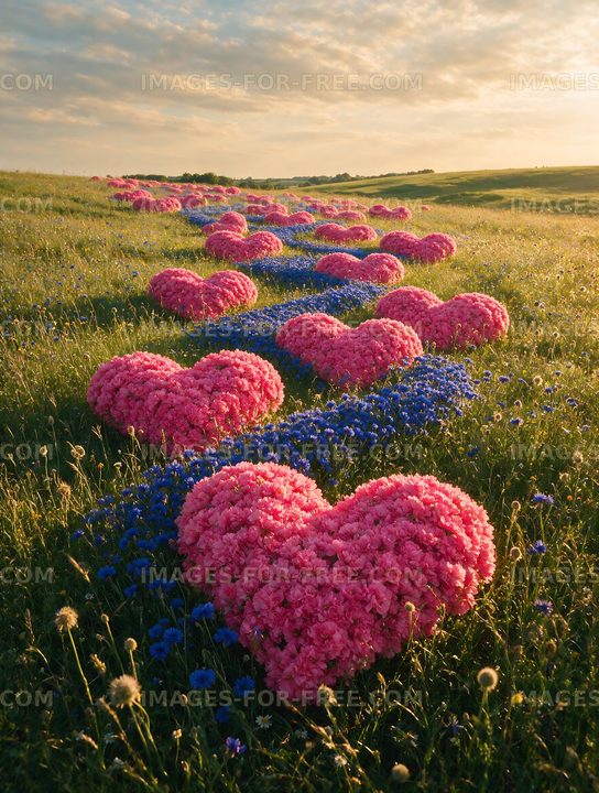 Colorful flower hearts in a meadow at sunset
