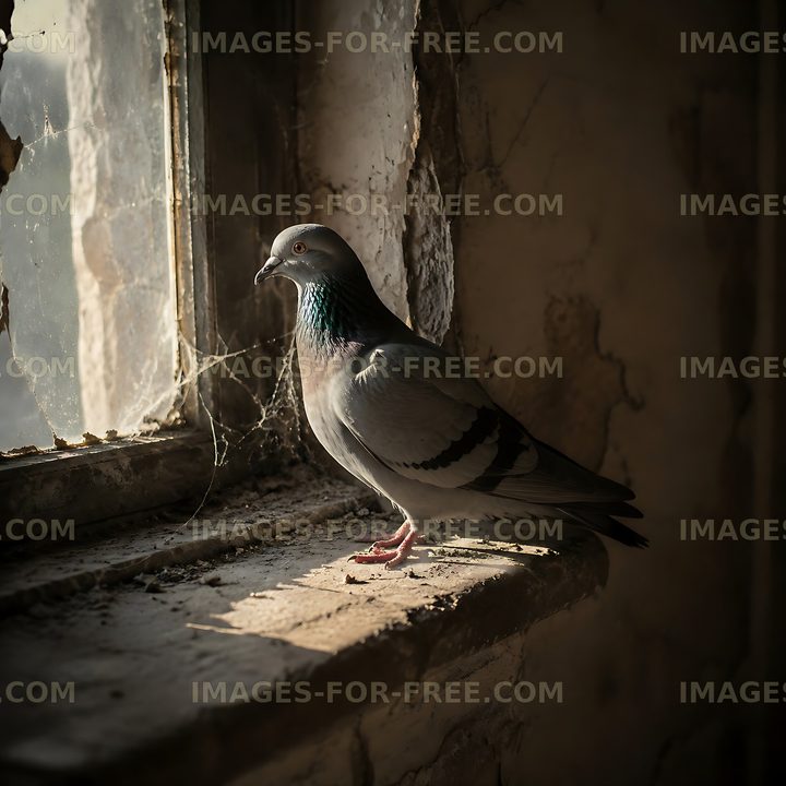 Pigeon resting by a window in an abandoned building