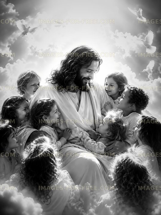 Children gather around figure in a bright atmosphere