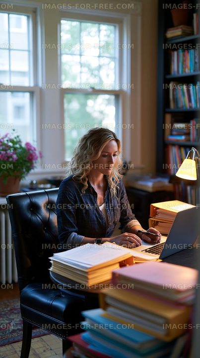 Woman working at desk with computer and books in home office