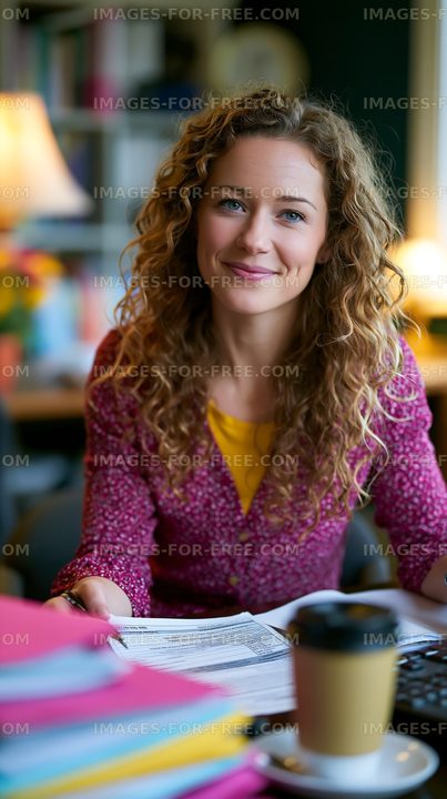 Woman studying at a table with paperwork and coffee in a cafe