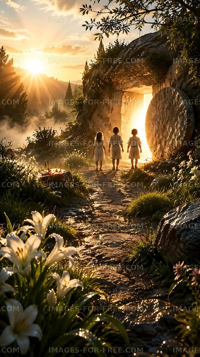 Children walking toward a glowing doorway in a nature scene