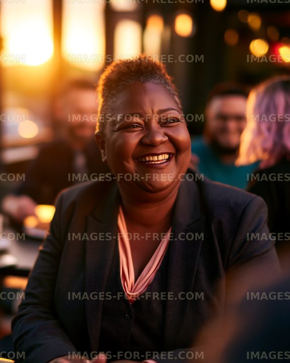 Woman smiling in a sunset-lit cafe setting