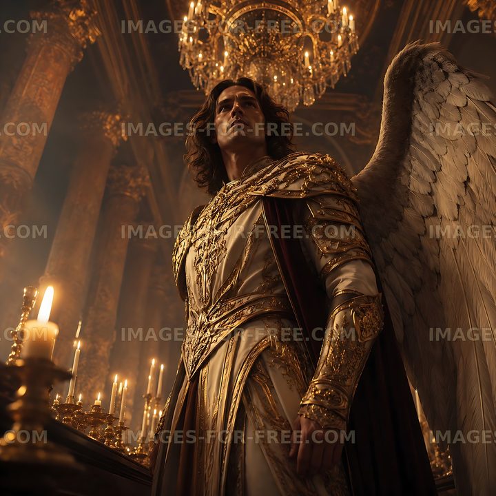Angel figure stands in grand hall with candles and chandeliers