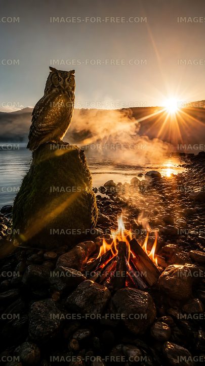 Owl perched on rock near campfire at sunset over water