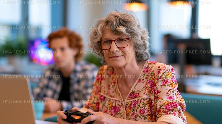Older woman playing video games in a modern workspace